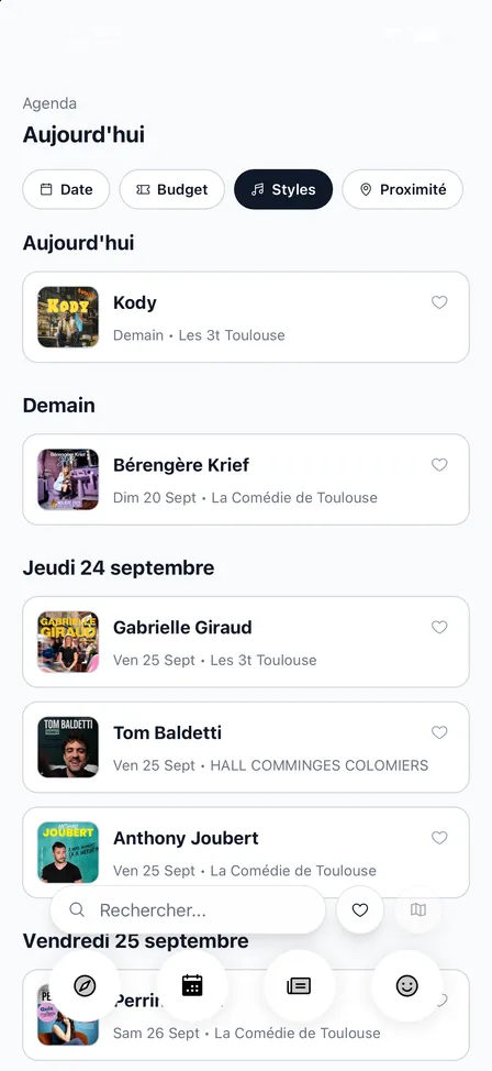 L'écran Agenda de l'application Culture Club, en développement