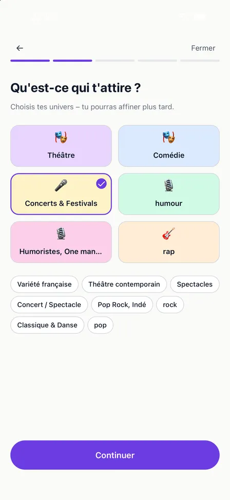 L'écran de choix des envies dans l'application Culture Club, en développement