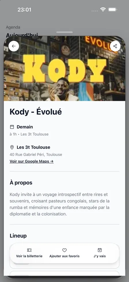 La fiche d'un événement dans l'application Culture Club, en développement