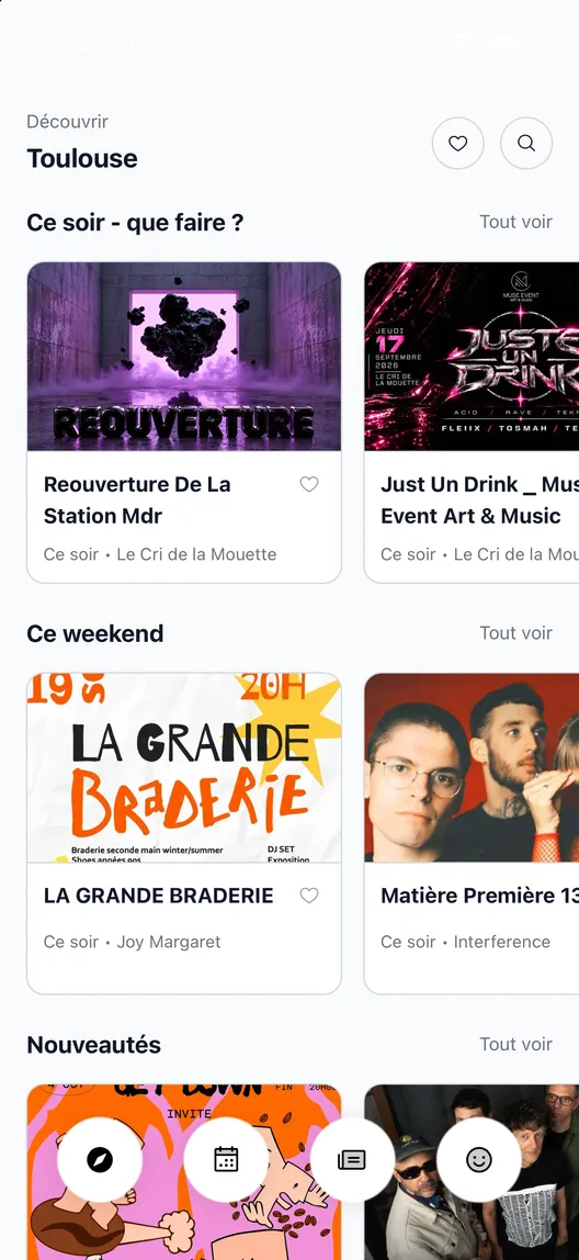 L'écran Découvrir de l'application Culture Club, en développement