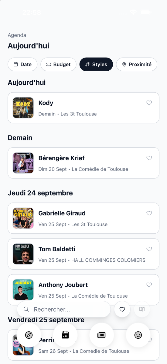 L'écran Agenda de l'application Culture Club, en développement