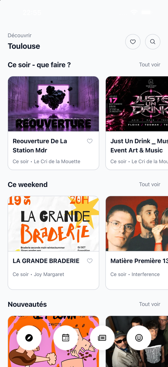 L'écran Découvrir de l'application Culture Club, en développement