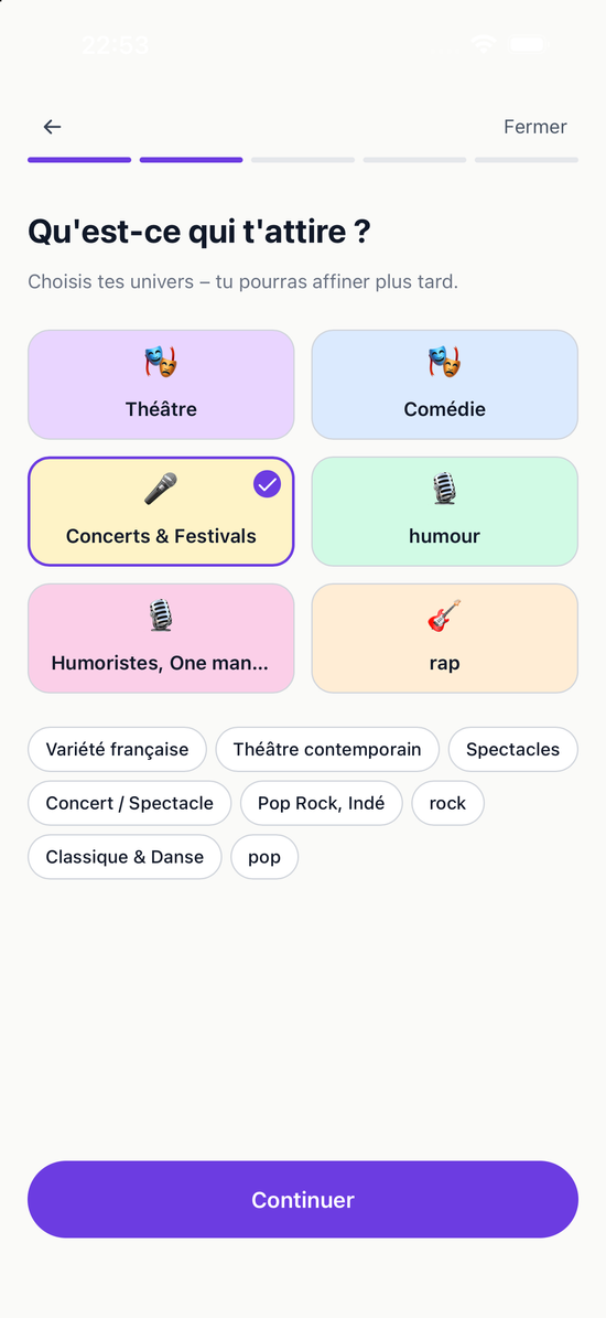 L'écran de choix des envies dans l'application Culture Club, en développement